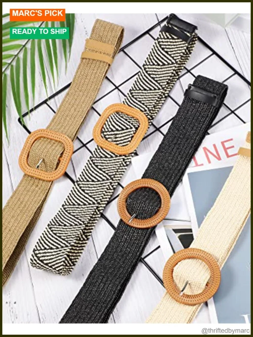 Set of 4 Elastic Raffia Woven Belts with Rattan Buckle for Dresses